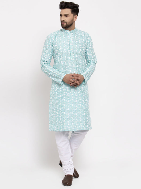 Men's Turquoise Blue Embroidered Kurta with Pyjamas ( JOKP 633 Sky ) - Virat Fashions