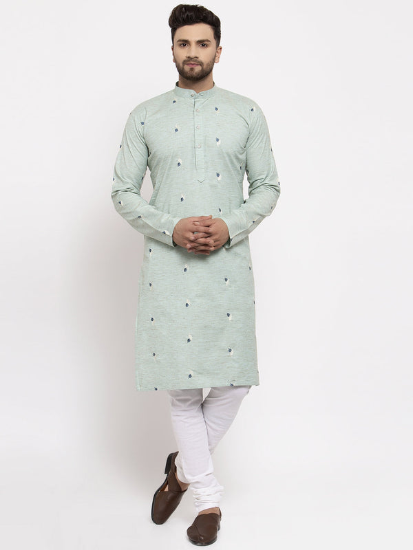 Men's Green Printed Cotton Kurta Payjama Sets ( JOKP 635 Green ) - Virat Fashions