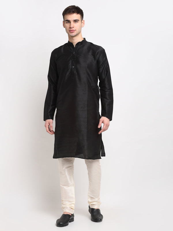 Men's Black Solid Dupion Silk Kurta Payjama Set ( JOKP 636 Black ) - Virat Fashions