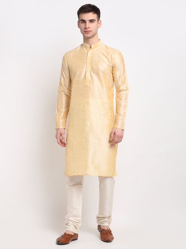 Men's Golden Solid Dupion Silk Kurta Payjama Set ( JOKP 636 Golden ) - Virat Fashions