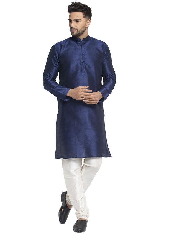 Men's Navy Solid Dupion Silk Kurta Payjama Set ( JOKP 636 Navy ) - Virat Fashions