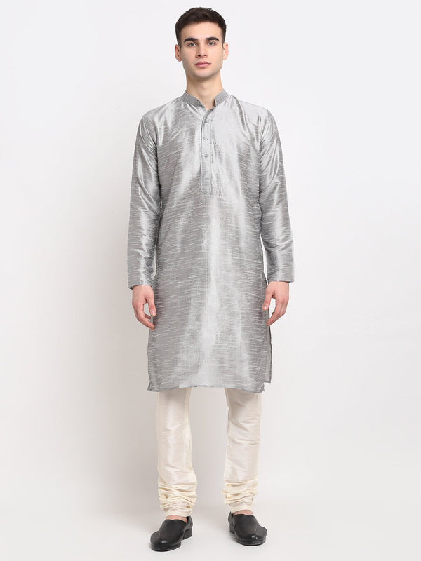 Men's Silver Solid Dupion Silk Kurta Payjama Set ( JOKP 636 Silver ) - Virat Fashions