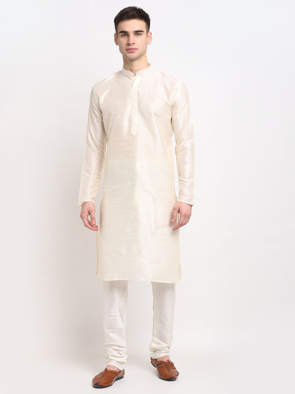 Men's White Solid Dupion Silk Kurta Pyjama Set ( Jokp 636 White ) - Virat Fashions