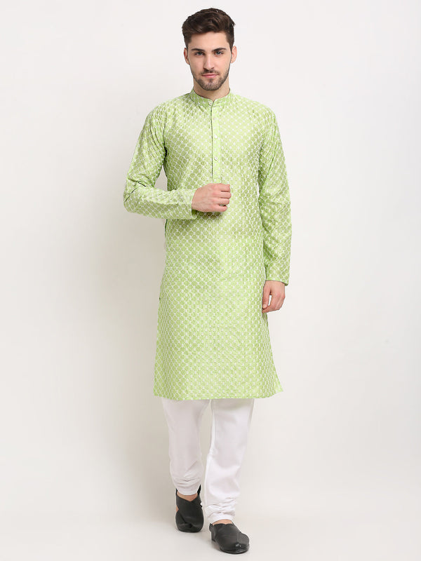 Men's Green Chikankari Kurta With Churidar ( Jokp 641 Green ) - Virat Fashions