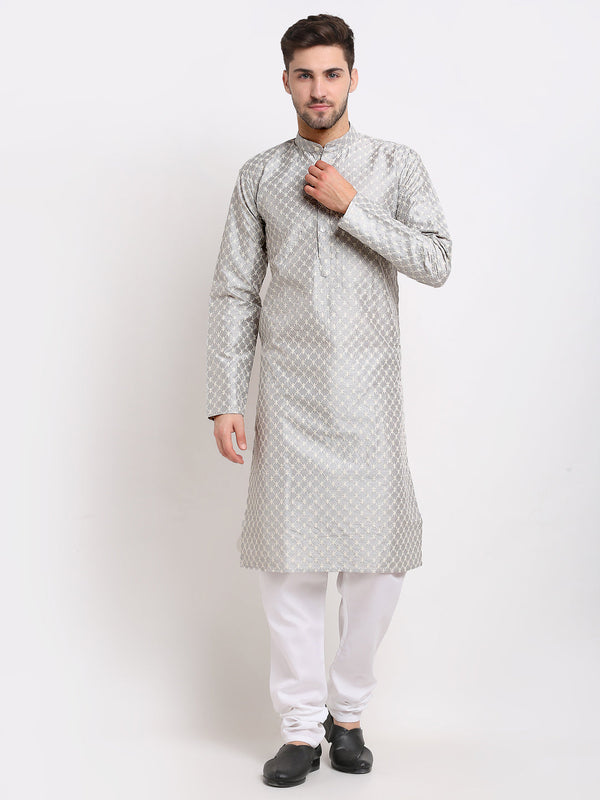 Men's Grey Chikankari Kurta With Churidar ( Jokp 641 Grey ) - Virat Fashions