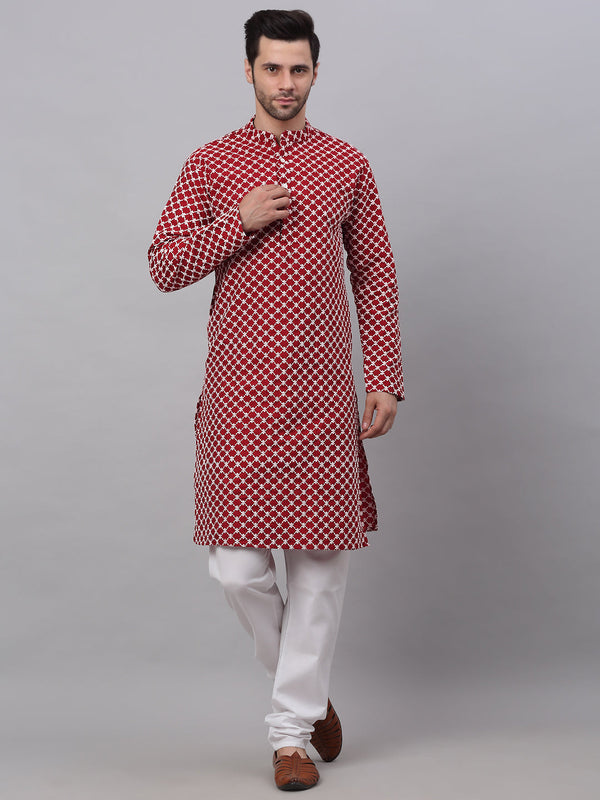 Men's Maroon Chikankari Kurta With Churidar ( Jokp 641 Maroon ) - Virat Fashions