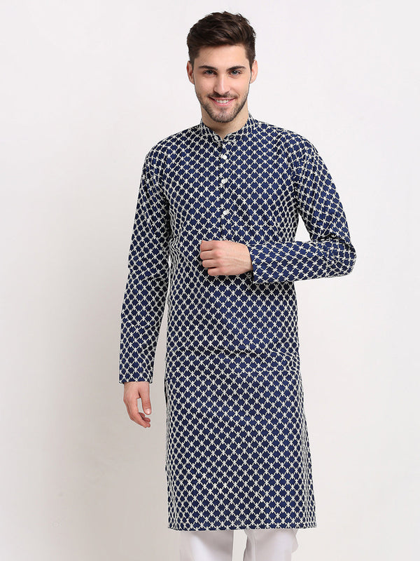 Men's Navy Blue Chikankari Kurta Only ( Ko 641 Navy ) - Virat Fashions