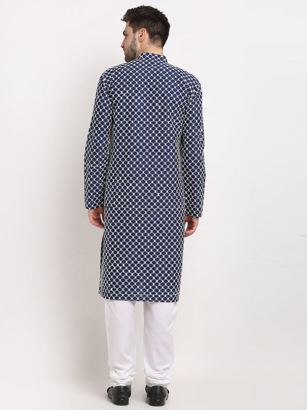 Men's Navy Blue Chikankari Kurta With Churidar ( Jokp 641 Navy ) - Virat Fashions