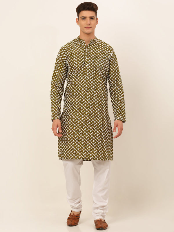 Men's Olive Green Chikankari Kurta With Churidar ( Jokp 641 Olive ) - Virat Fashions