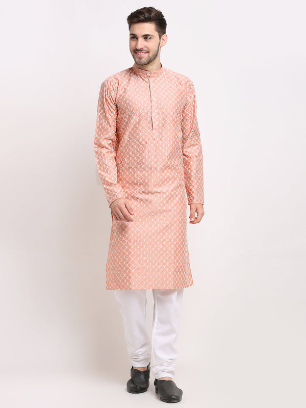 Men's Peach Chikankari Kurta With Churidar ( Jokp 641 Peach ) - Virat Fashions