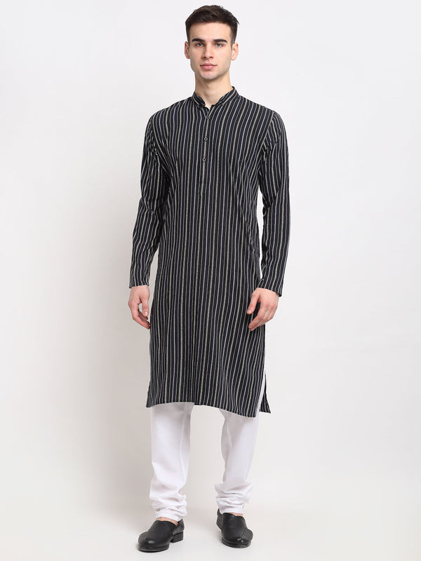 Men's Black Cotton Striped Kurta Payjama Sets ( JOKP 643 Black ) - Virat Fashions