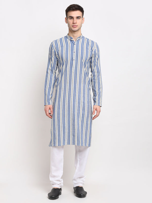 Men's Blue Cotton Striped Kurta Payjama Sets ( JOKP 643 Blue ) - Virat Fashions