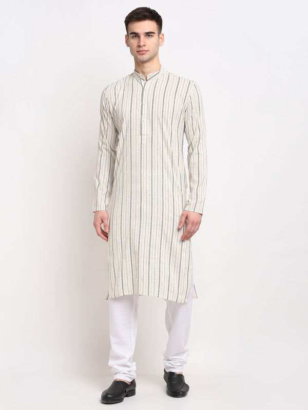 Men's Cream Cotton Striped Kurta Payjama Sets ( JOKP 643 Cream ) - Virat Fashions