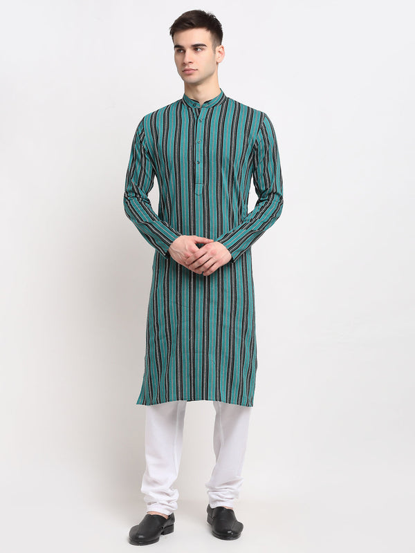 Men's Green Cotton Striped Kurta Payjama Sets ( JOKP 643 Green ) - Virat Fashions