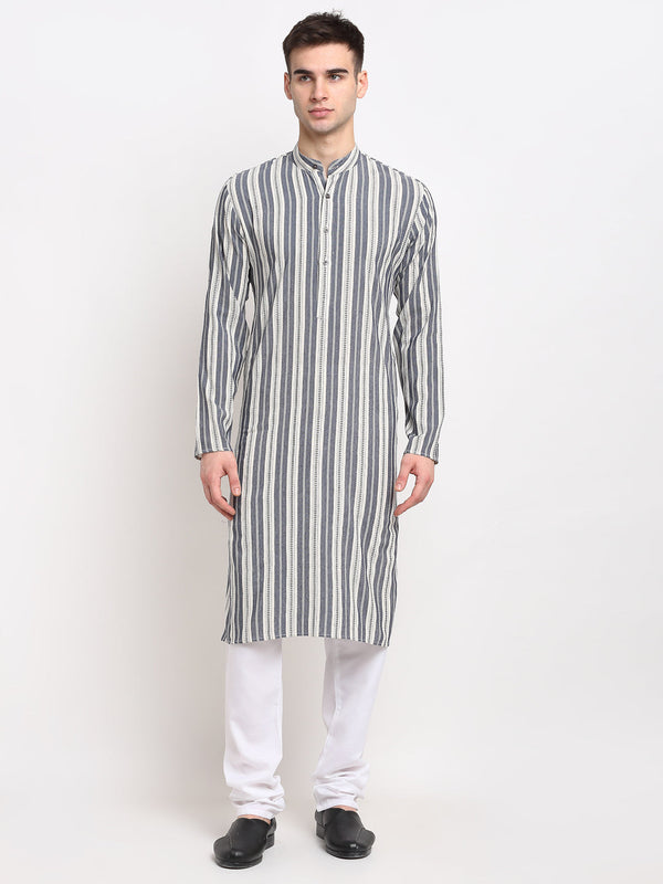 Men's Grey Cotton Striped Kurta Payjama Sets ( JOKP 643 Grey ) - Virat Fashions