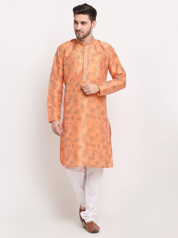 Men's Orange Dupion Printed Kurta Payjama Sets ( JOKP 644 Orange ) - Virat Fashions