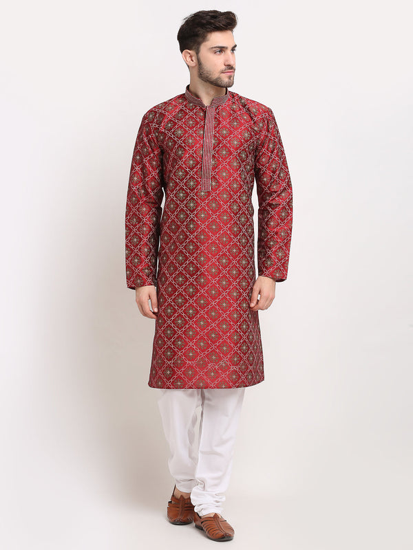 Men's Maroon Woven Kurta Payjama Sets ( JOKP 645 Maroon ) - Virat Fashions