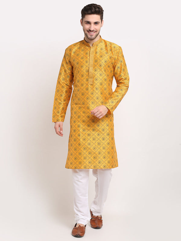 Men's Mustard Woven Kurta Payjama Sets ( JOKP 645 Mustard ) - Virat Fashions