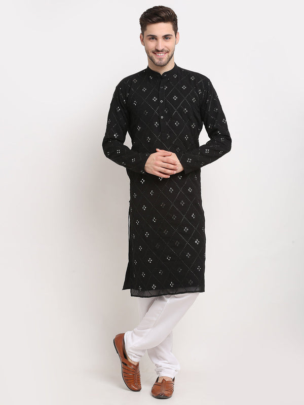 Men's Black Printed Mirror Kurta Payjama Sets  ( JOKP 646 Black ) - Virat Fashions