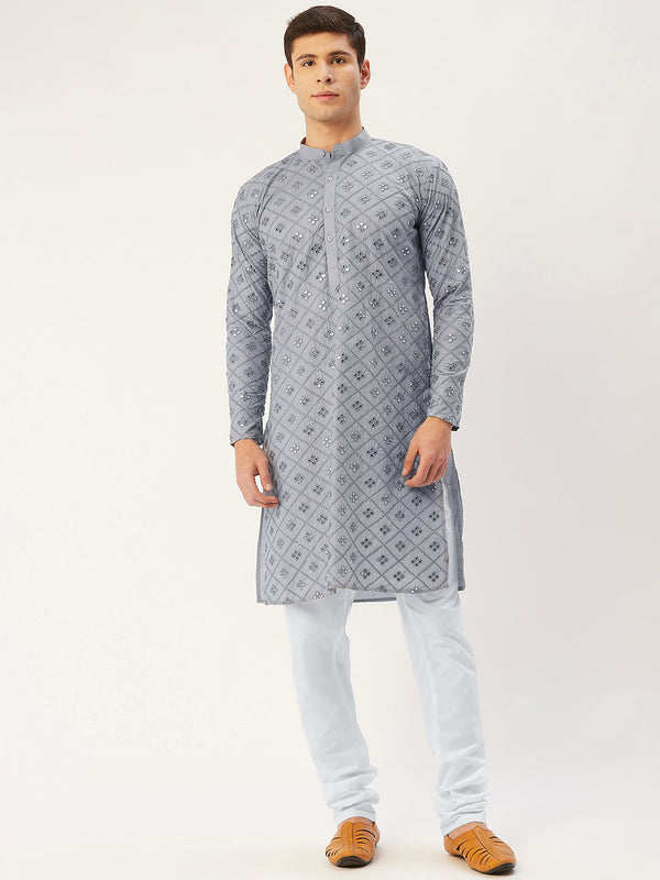 Men's Grey Embroidered Mirror Work Kurta Pyjama ( JOKP 646 Grey ) - Virat Fashions