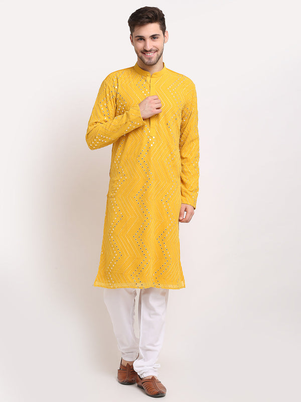 Men's Mustard Printed Mirror Kurta Payjama Sets  ( JOKP 646 Mustard ) - Virat Fashions