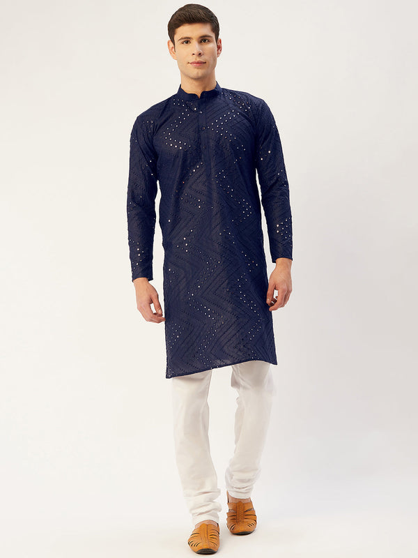 Men's Navy Embroidered Mirror Work Kurta Pyjama ( JOKP 646 Navy ) - Virat Fashions