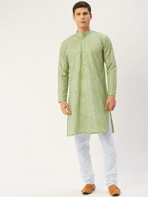 Men's Pista Embroidered Mirror Work Kurta Pyjama ( JOKP 646 Pista ) - Virat Fashions