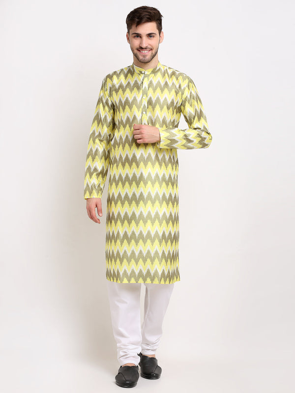 Men's Multi-Olive Dupion Ikkat Kurta Payjama Sets ( JOKP 647 Multi-Olive ) - Virat Fashions