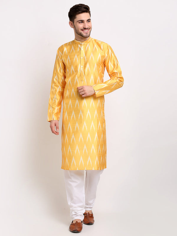 Men's Mustard Dupion Ikkat Kurta Payjama Sets ( JOKP 647 Mustard ) - Virat Fashions