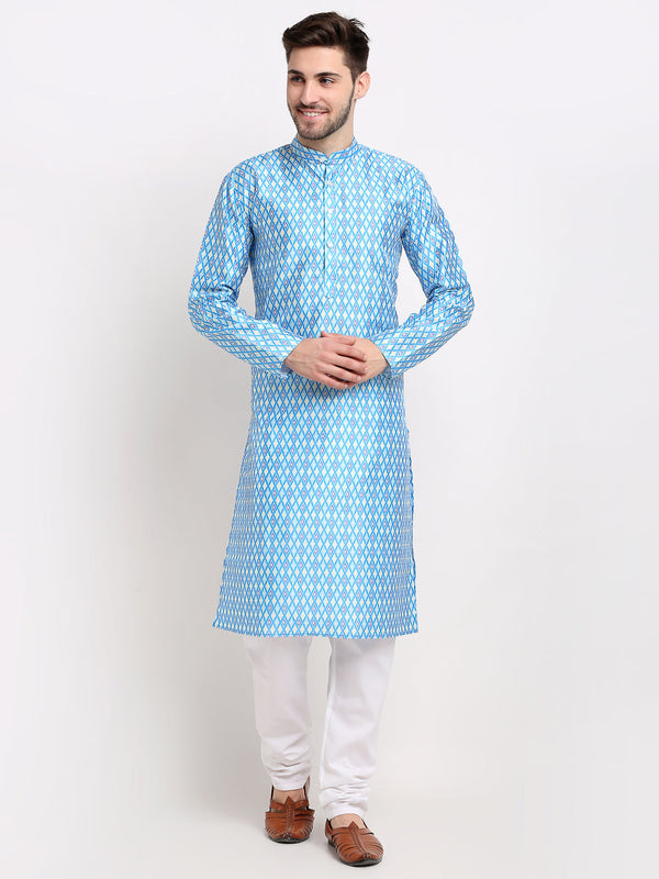 Men's Sky Dupion Ikkat Kurta Payjama Sets ( JOKP 647 Sky ) - Virat Fashions