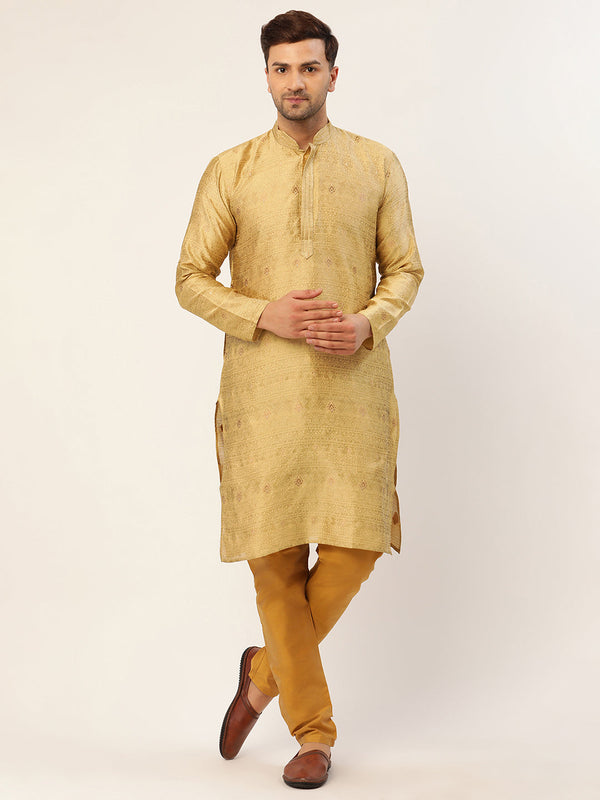 Men's Beige Coller Embroidered Woven Design Kurta Pyjama ( Jokp 649 Beige ) - Virat Fashions