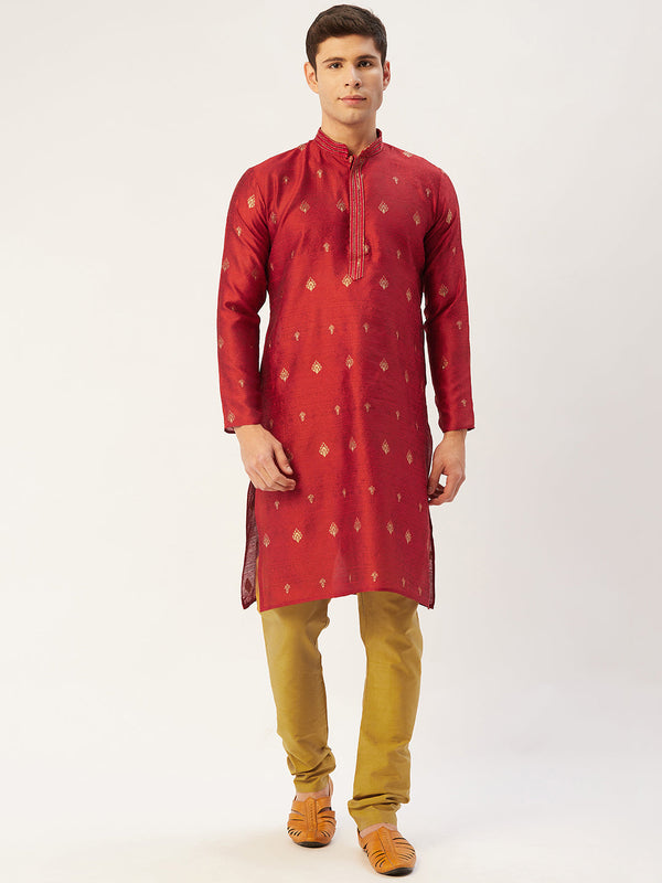 Men's Maroon Coller Embroidered Woven Design Kurta Pyjama ( JOKP 649 Maroon ) - Virat Fashions