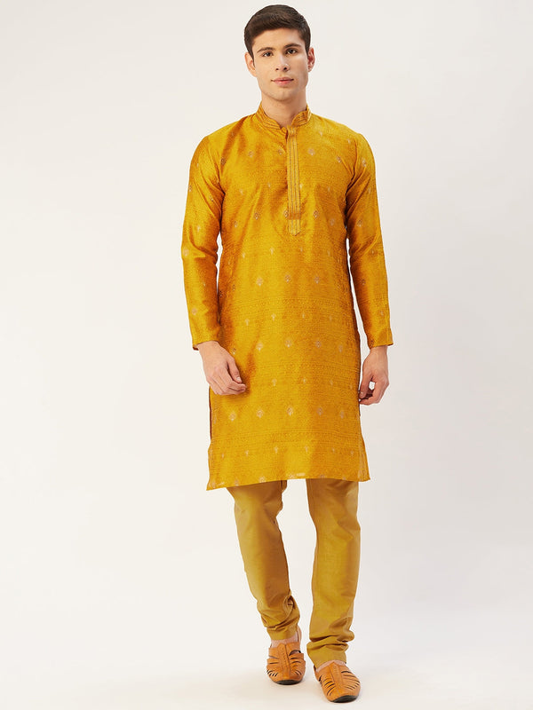 Men's Mustard Coller Embroidered Woven Design Kurta Pyjama ( JOKP 649 Mustard ) - Virat Fashions