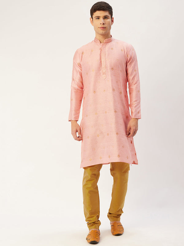 Men's Pink Coller Embroidered Woven Design Kurta Pyjama ( JOKP 649 Pink ) - Virat Fashions