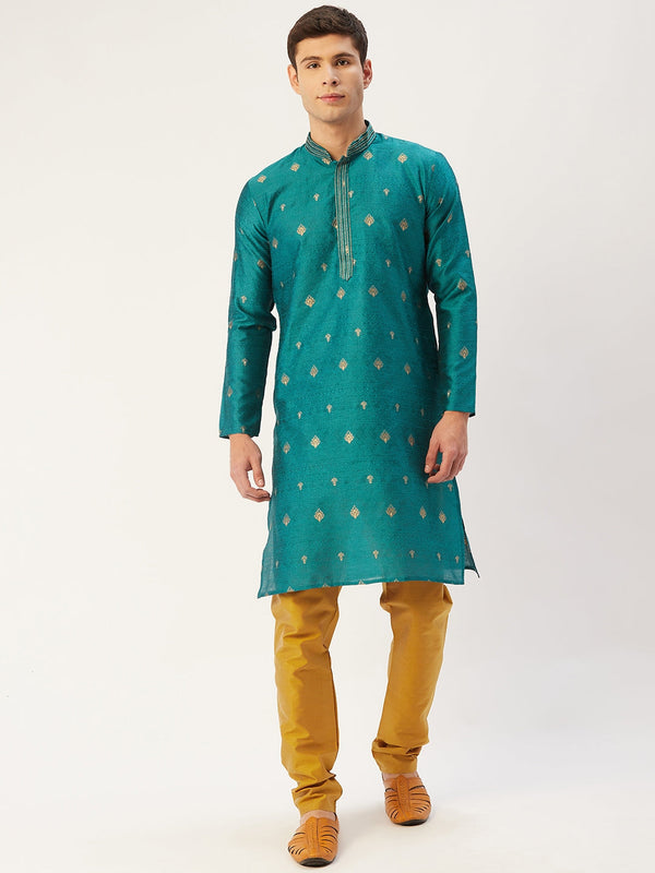 Men's Teal Coller Embroidered Woven Design Kurta Pyjama ( JOKP 649 Teal ) - Virat Fashions