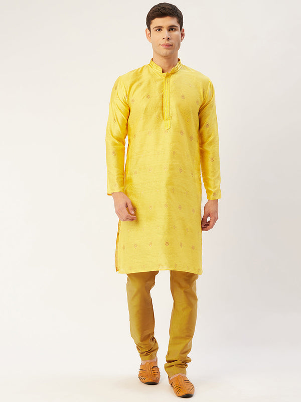 Men's Yellow Coller Embroidered Woven Design Kurta Pyjama ( JOKP 649 Yellow ) - Virat Fashions