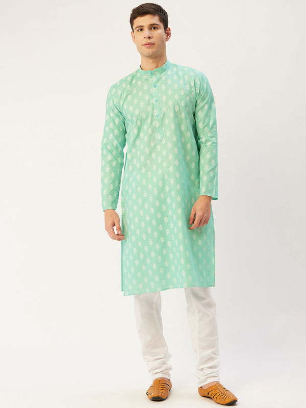 Men's Green Cotton Floral printed kurta Pyjama Set ( JOKP 650 Green ) - Virat Fashions