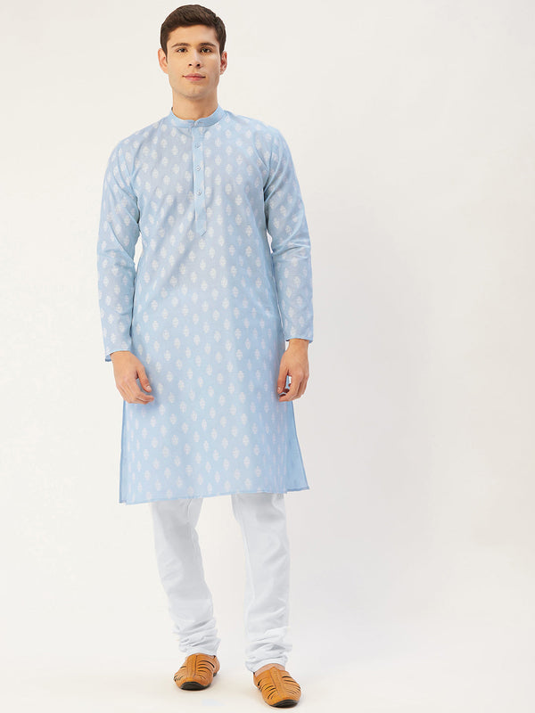 Men's Sky Cotton Floral printed kurta Pyjama Set ( JOKP 650 Sky ) - Virat Fashions