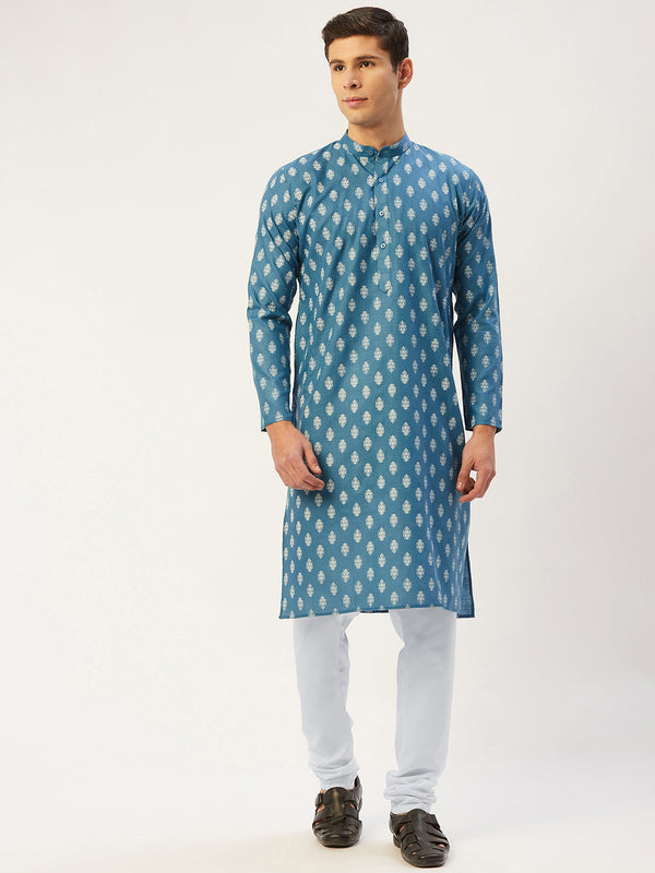 Men's Teal Cotton Floral printed kurta Pyjama Set ( JOKP 650 Teal ) - Virat Fashions