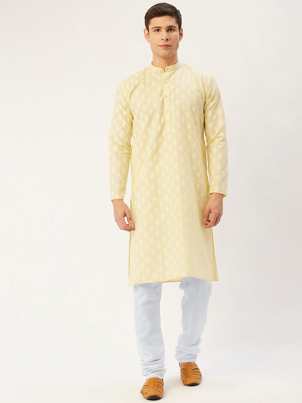 Men's Yellow Cotton Floral printed kurta Pyjama Set ( JOKP 650 Yellow ) - Virat Fashions