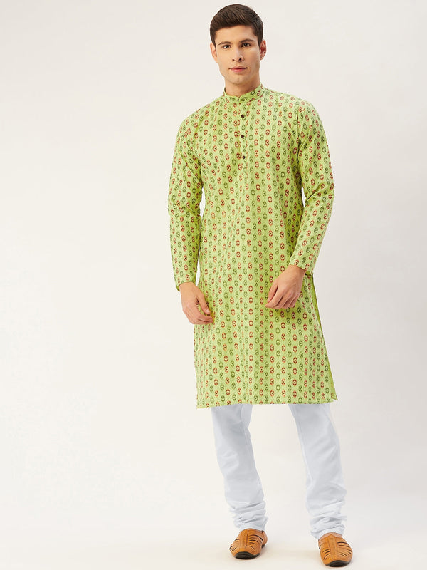 Men's Green Cotton Ikat printed kurta Pyjama Set ( JOKP 651 Green ) - Virat Fashions