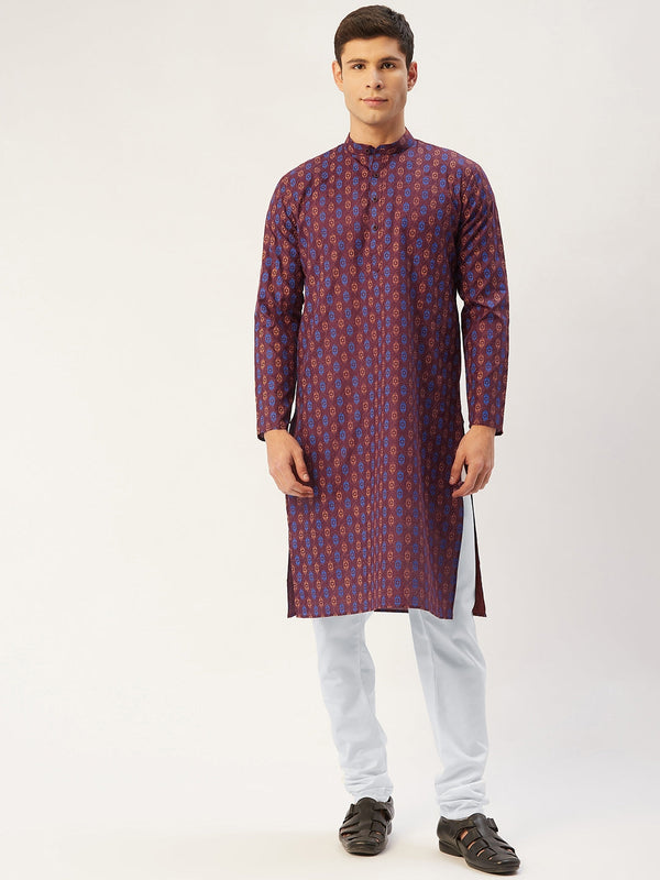 Men's Maroon Cotton Ikat printed kurta Pyjama Set ( JOKP 651 Maroon ) - Virat Fashions