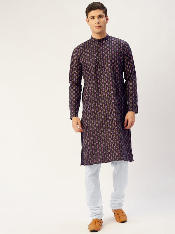 Men's Navy Cotton Ikat printed kurta Pyjama Set ( JOKP 651 Navy ) - Virat Fashions