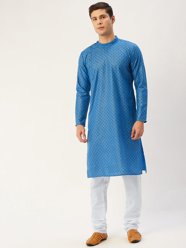 Men's Blue Cotton printed kurta Pyjama Set ( JOKP 652 Blue ) - Virat Fashions