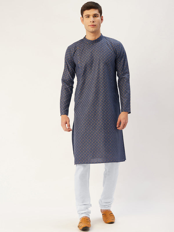 Men's Navy Cotton printed kurta Pyjama Set ( JOKP 652 Navy ) - Virat Fashions