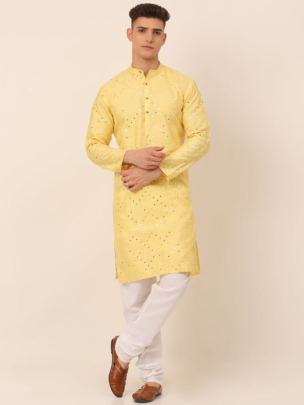 Men's Lemon Mirror Work Kurta Pyjama ( Jokp 659 Lemon ) - Virat Fashions