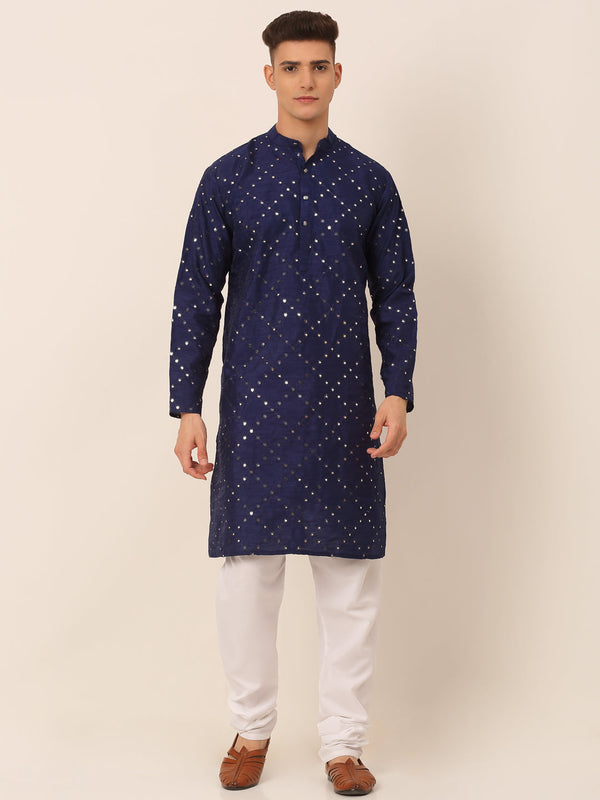 Men's Navy Blue Mirror Work Kurta Pyjama ( Jokp 659 Navy ) - Virat Fashions