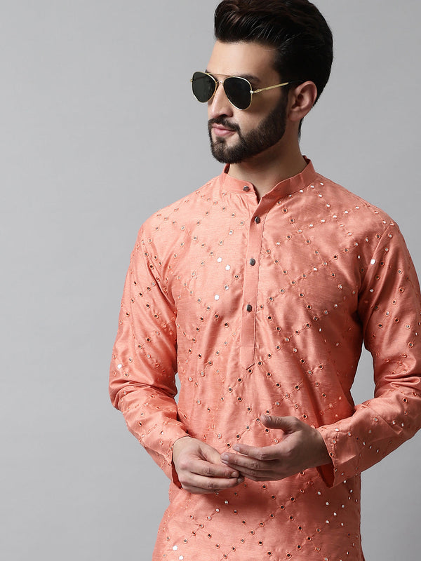 Men Peach Embroidered Mirror Work Dupion Silk Kurta with Pyjamas