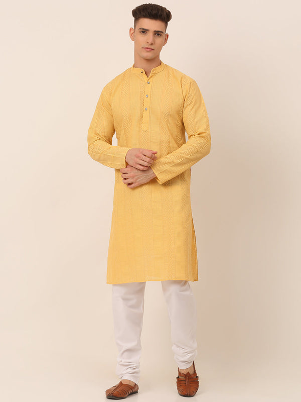 Men's Pure Cotton Embroidered Kurta Pyjama Set ( Jokp 660 Beige ) - Virat Fashions