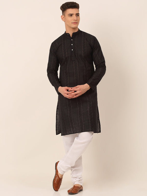 Men's Pure Cotton Embroidered Kurta Pyjama Set ( Jokp 660 Black ) - Virat Fashions